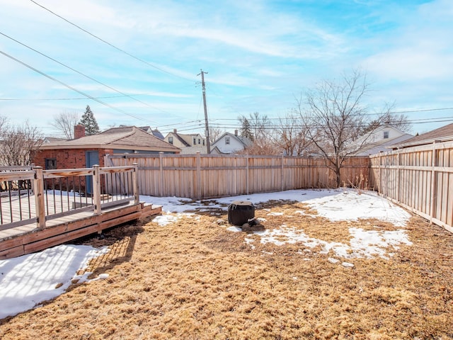 yard covered in snow featuring a fenced backyard and a wooden deck