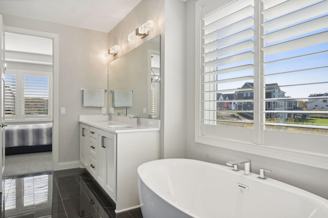 bathroom featuring baseboards, ensuite bath, double vanity, a freestanding tub, and a sink