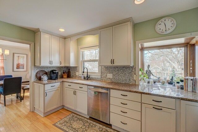 5920 Colfax Ave S, Minneapolis, MN 55419 - kitchen with light stone counters, a sink, light wood finished floors, dishwasher, and backsplash