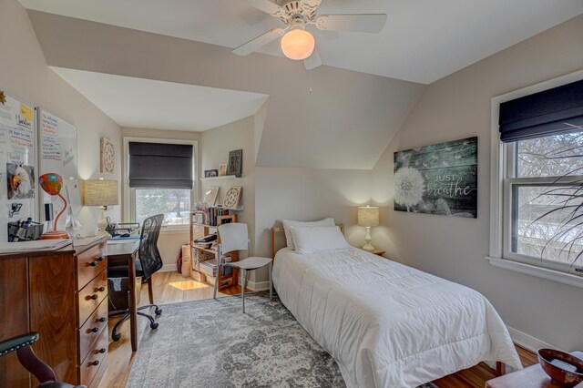 5920 Colfax Ave S, Minneapolis, MN 55419 - bedroom with baseboards, wood finished floors, vaulted ceiling, and multiple windows