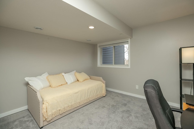 carpeted bedroom with recessed lighting and baseboards