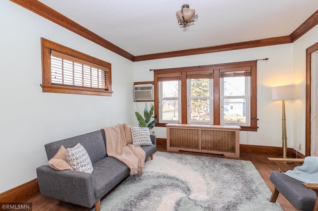 sitting room featuring a wealth of natural light, ornamental molding, radiator heating unit, and a wall unit AC