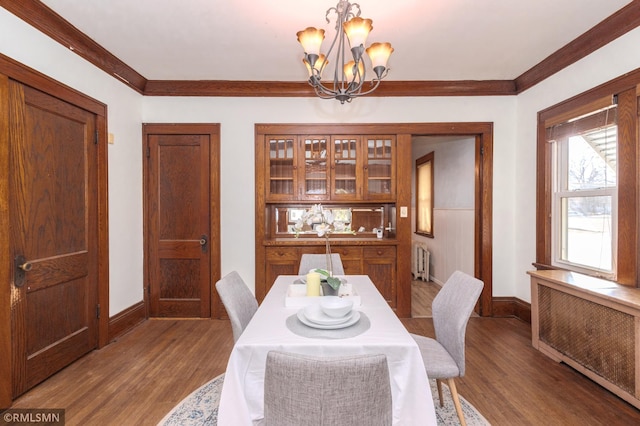 dining area featuring radiator, wood finished floors, an inviting chandelier, radiator heating unit, and ornamental molding