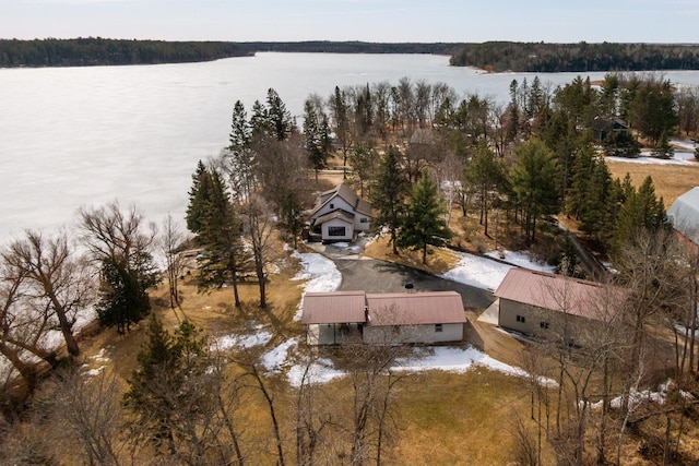 birds eye view of property featuring a view of trees and a water view