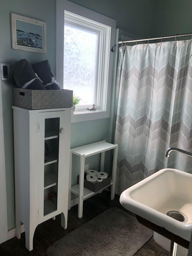 bathroom with curtained shower, wood finished floors, and a sink