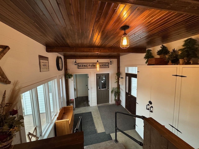 interior space featuring wood ceiling