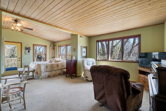 bedroom with access to exterior, visible vents, wood ceiling, lofted ceiling with beams, and carpet floors