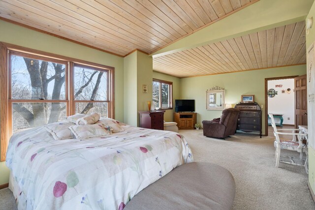 carpeted bedroom featuring wooden ceiling and crown molding