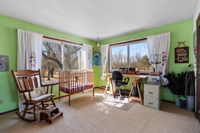 office area featuring baseboards, carpet floors, and a textured ceiling