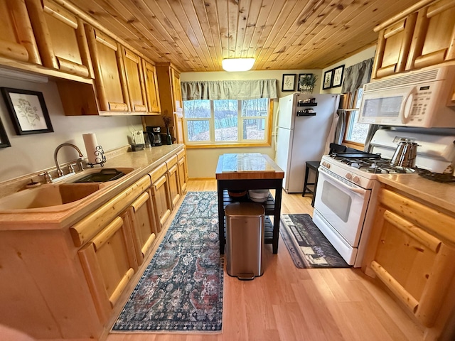 2897 Indian Mound Rd, Luck, WI 54853 - kitchen featuring white appliances, light wood-style flooring, wooden ceiling, and a sink