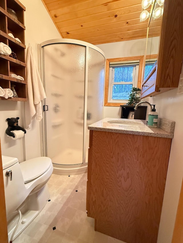 2897 Indian Mound Rd, Luck, WI 54853 - full bath with vanity, toilet, a shower stall, and wooden ceiling