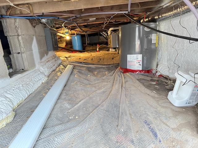 2897 Indian Mound Rd, Luck, WI 54853 - basement with electric water heater, electric panel, a water pressure tank, and crawl space