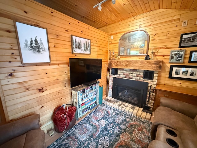 2897 Indian Mound Rd, Luck, WI 54853 - living room with a brick fireplace, wood walls, wood ceiling, and track lighting