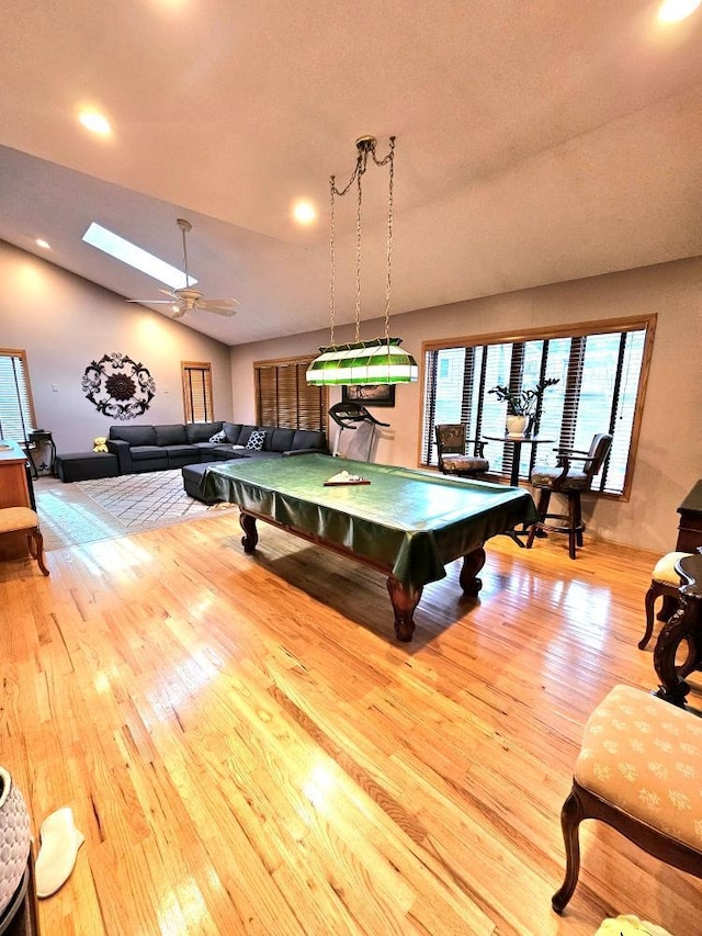 rec room with a ceiling fan, recessed lighting, pool table, vaulted ceiling, and wood-type flooring