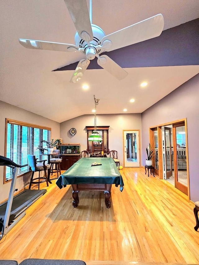 rec room featuring recessed lighting, lofted ceiling, wood finished floors, and pool table