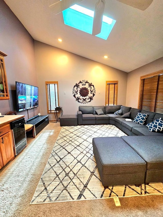 living area featuring recessed lighting, light carpet, and vaulted ceiling