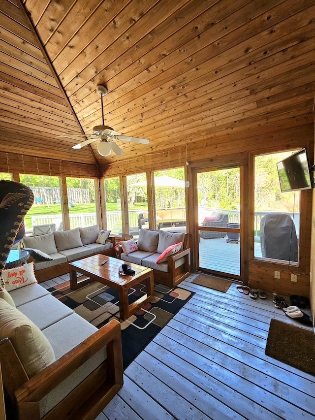904 155th St, Burnsville, MN 55306 - living area with vaulted ceiling, wood ceiling, plenty of natural light, ceiling fan, and hardwood / wood-style flooring
