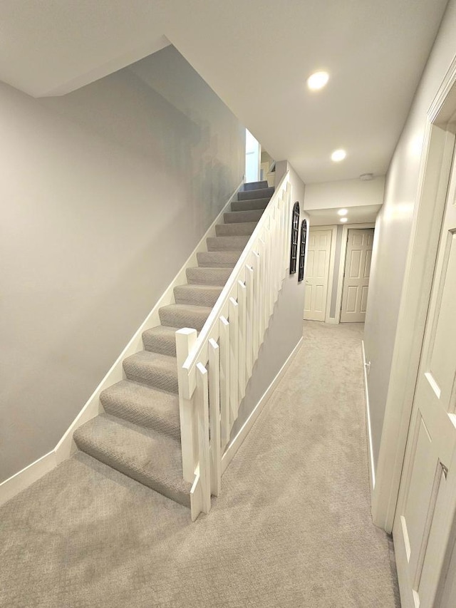904 155th St, Burnsville, MN 55306 - stairway with carpet floors, baseboards, and recessed lighting