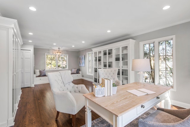 dining space featuring crown molding, recessed lighting, dark wood-style floors, and baseboards