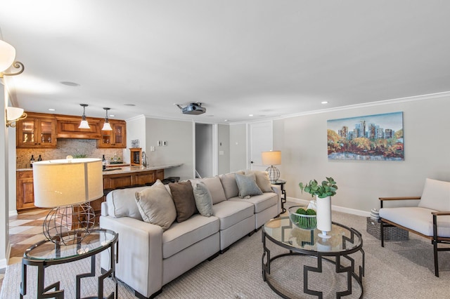 living room featuring crown molding, recessed lighting, baseboards, and light carpet