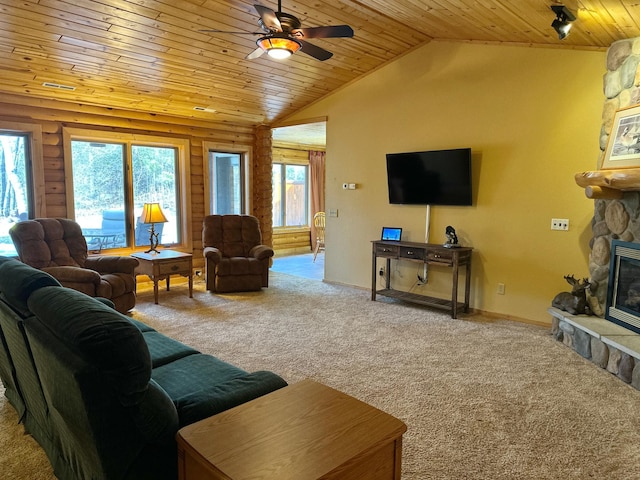 living room with carpet, a fireplace, log walls, wood ceiling, and vaulted ceiling