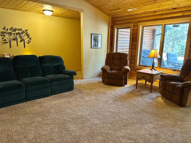 carpeted living area featuring wooden ceiling and a textured wall