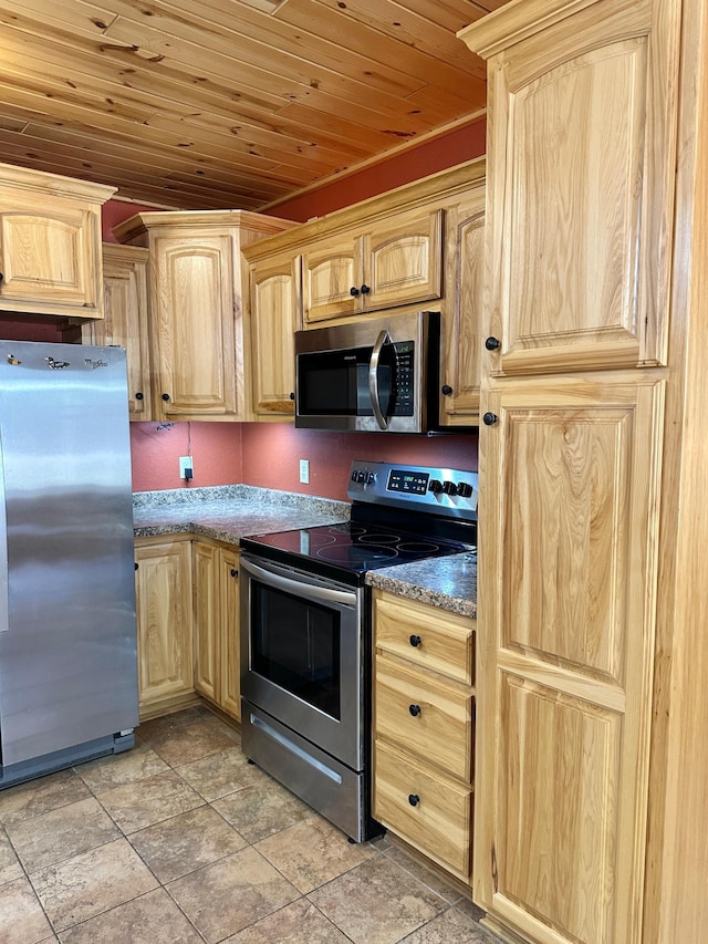 kitchen with stainless steel appliances, wood ceiling, and light brown cabinetry