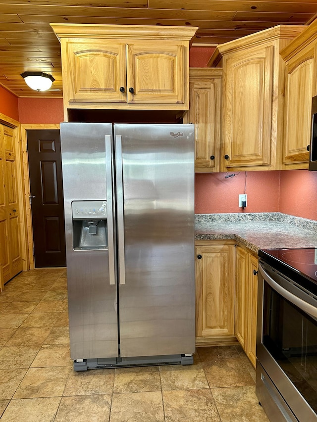 kitchen featuring stainless steel appliances, wooden ceiling, and light brown cabinets