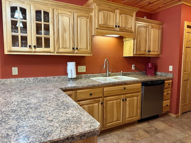 kitchen with a sink, stainless steel dishwasher, wooden ceiling, glass insert cabinets, and baseboards