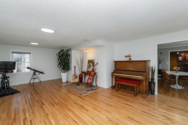 living area featuring baseboards, a textured ceiling, and wood finished floors