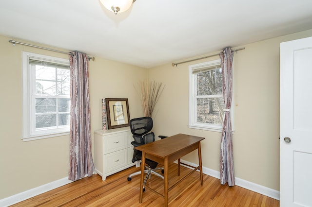 home office with baseboards and light wood-style floors