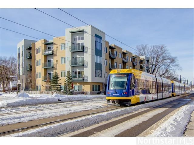 view of snow covered building