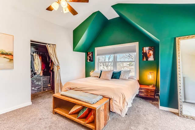 bedroom featuring vaulted ceiling, baseboards, carpet floors, and ceiling fan