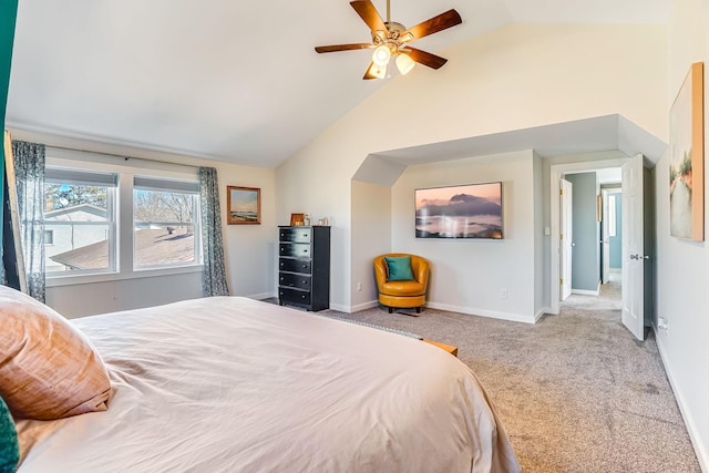 carpeted bedroom featuring ceiling fan, lofted ceiling, and baseboards