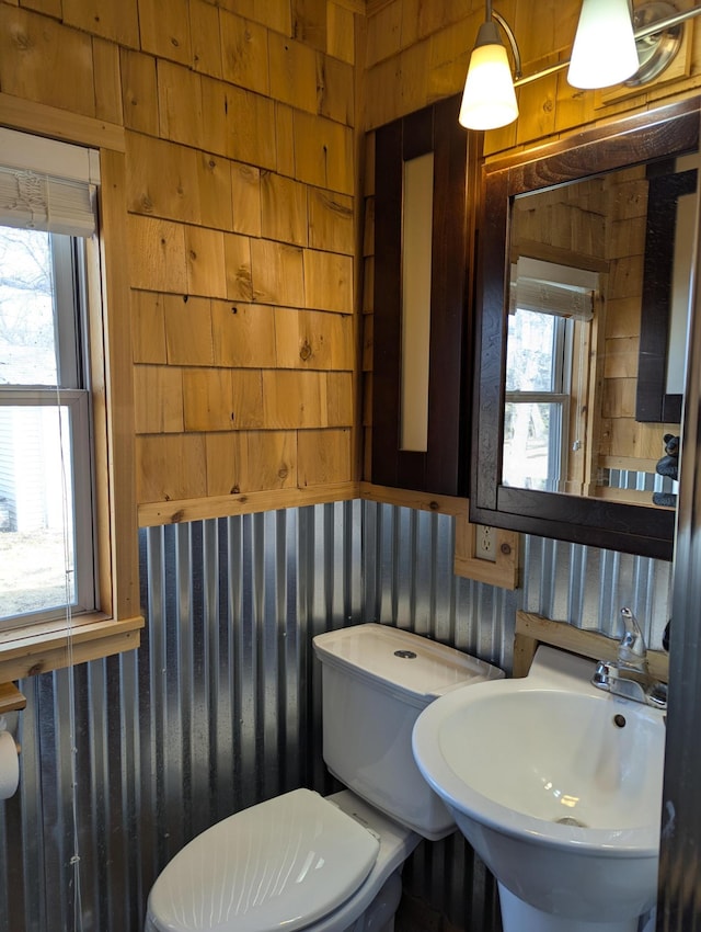 bathroom featuring toilet, wood walls, and a sink