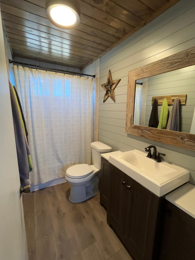 211 Hartley St, Coleraine, MN 55722 - full bathroom with vanity, toilet, a shower with shower curtain, wood ceiling, and wood finished floors