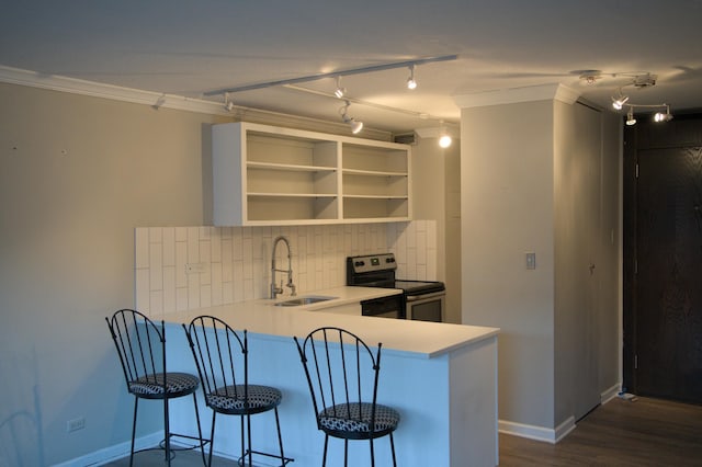 kitchen with electric range, ornamental molding, a sink, a peninsula, and decorative backsplash