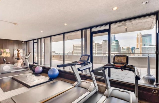 exercise room featuring a view of city and a textured ceiling