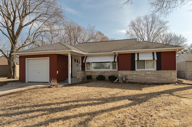 ranch-style house with a garage, stone siding, driveway, and a shingled roof