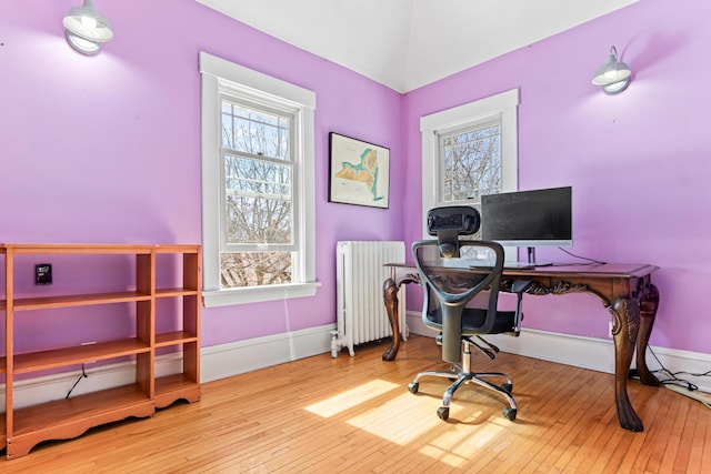 office space with radiator heating unit, baseboards, and hardwood / wood-style floors