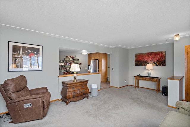 living area with light colored carpet, a textured ceiling, and baseboards