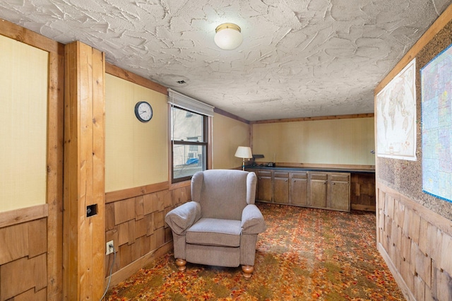 sitting room featuring a textured ceiling, wood walls, and wainscoting