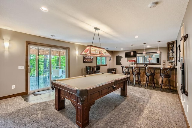 recreation room featuring billiards, bar, recessed lighting, carpet, and baseboards