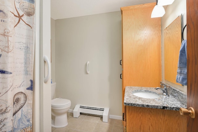 bathroom featuring toilet, tile patterned flooring, a baseboard radiator, baseboards, and vanity