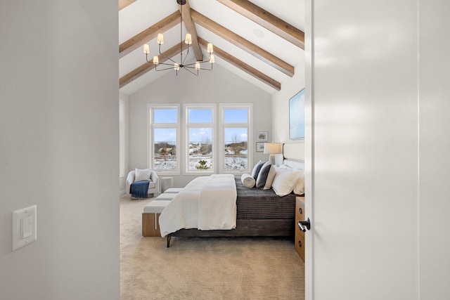 carpeted bedroom featuring beamed ceiling, high vaulted ceiling, and a chandelier