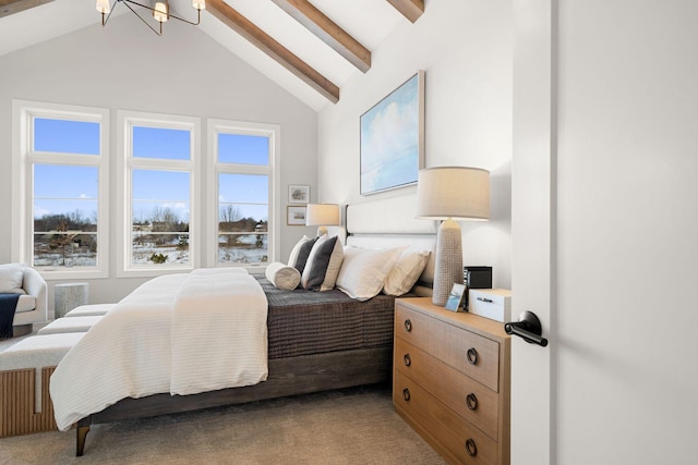 bedroom with beamed ceiling, a notable chandelier, high vaulted ceiling, and light carpet