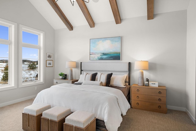 bedroom with light colored carpet, vaulted ceiling with beams, and baseboards