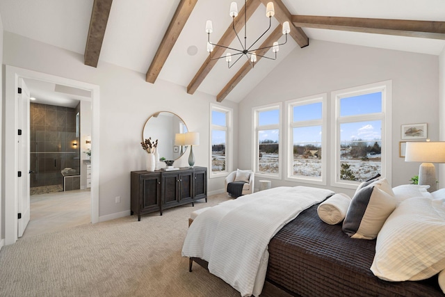 bedroom with beam ceiling, a notable chandelier, high vaulted ceiling, baseboards, and light colored carpet