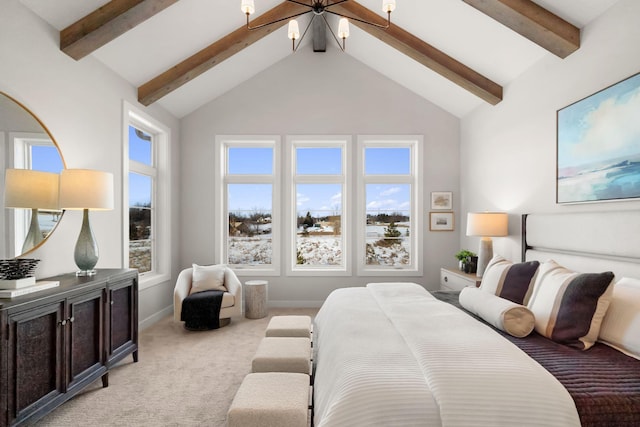 bedroom featuring beamed ceiling, baseboards, high vaulted ceiling, and light carpet