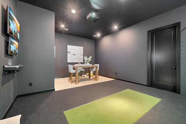 playroom featuring recessed lighting, baseboards, carpet, and golf simulator